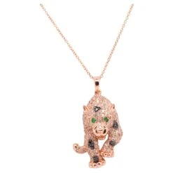 Unknown 14K Rose Gold Diamond And Emerald Panther Pendant And Necklace