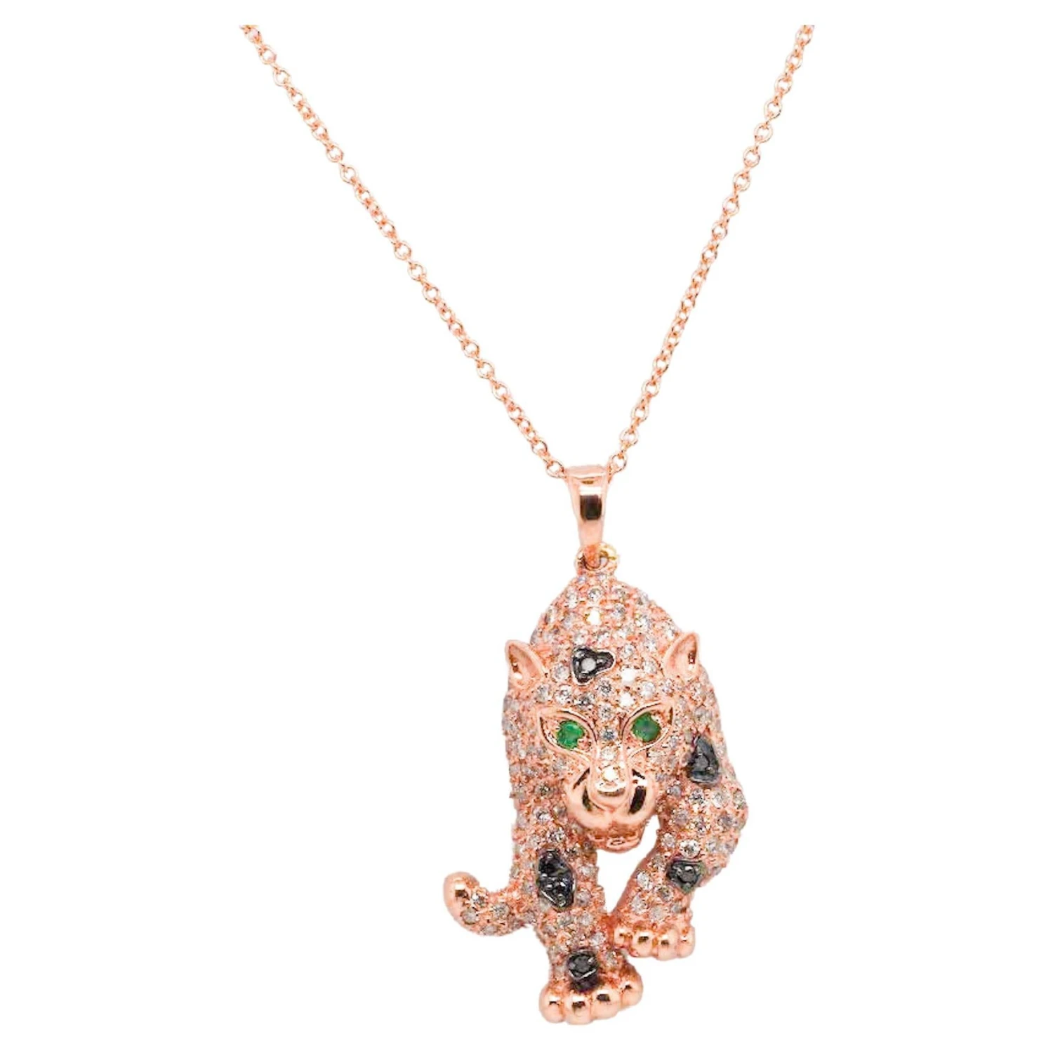 Unknown 14K Rose Gold Diamond And Emerald Panther Pendant And Necklace 3 Unknown 14K Rose Gold Diamond And Emerald Panther Pendant And Necklace