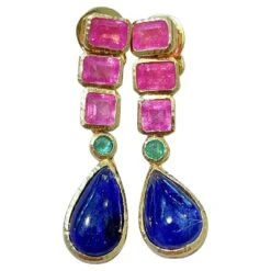 Bochic “Capri”, Ruby, Sapphire & Emerald Drop Earrings Set In 22 Gold & Silver
