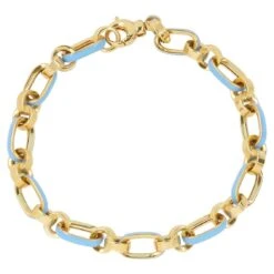 Alberto Round Oval Mixed Link Light Blue Enamel Bracelet 14k Yellow Gold