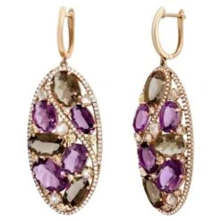 Stunning Diamond Garnet Quartz Lever-Back Rose 14k Gold Earrings For Her