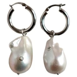 Cyntia Miglio Baroque Pearl With Diamonds Hoop Earrings