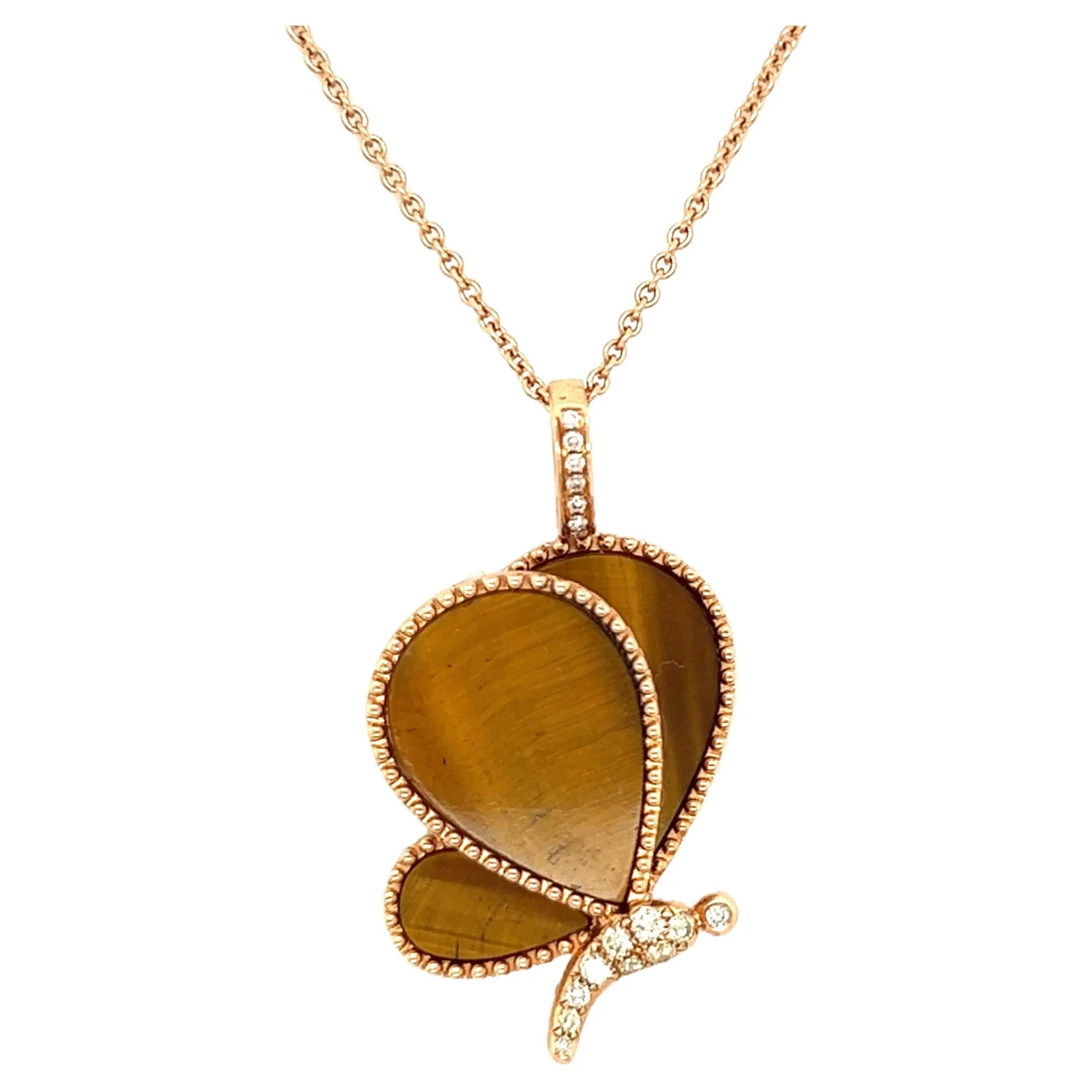 Butterfly Tiger Eye Stone 18k Rose Gold Diamond Necklace 3 Butterfly Tiger Eye Stone 18k Rose Gold Diamond Necklace