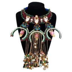 Swarovski Crystals Mother Of Pearl Glass Beaded Chain Tassel Bib Collar Necklace