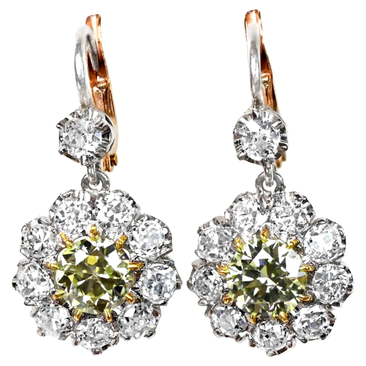 Unknown 2.70ct Old Euro-Cut Diamond Earrings, VS1 Clarity, Diamond Halo, 18k Yellow Gold 3 Unknown 2.70ct Old Euro-Cut Diamond Earrings, VS1 Clarity, Diamond Halo, 18k Yellow Gold