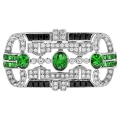 Unknown Tsavorite Onyx Diamond Art Deco Style Brooch In 18k White Gold