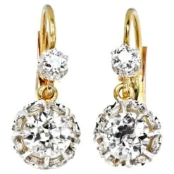 Unknown 1.40 Carat Old Euro-Cut Dimaond Earrings, 18k Yellow Gold, Platinum