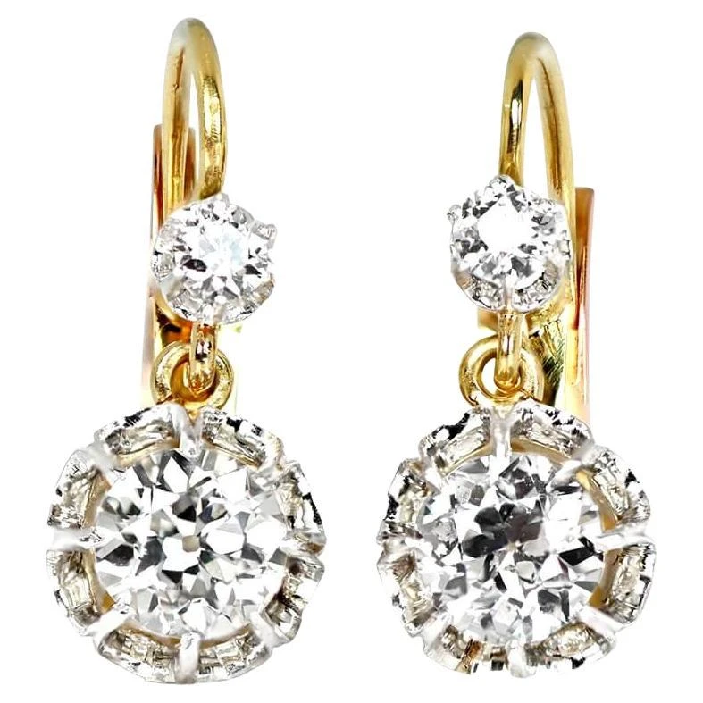 Unknown 1.40 Carat Old Euro-Cut Dimaond Earrings, 18k Yellow Gold, Platinum 3 Unknown 1.40 Carat Old Euro-Cut Dimaond Earrings, 18k Yellow Gold, Platinum