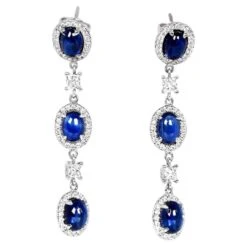 Unknown 7.70 Carat Cabochon Cut Sapphires Earrings, Diamond Halo, 18k White Gold