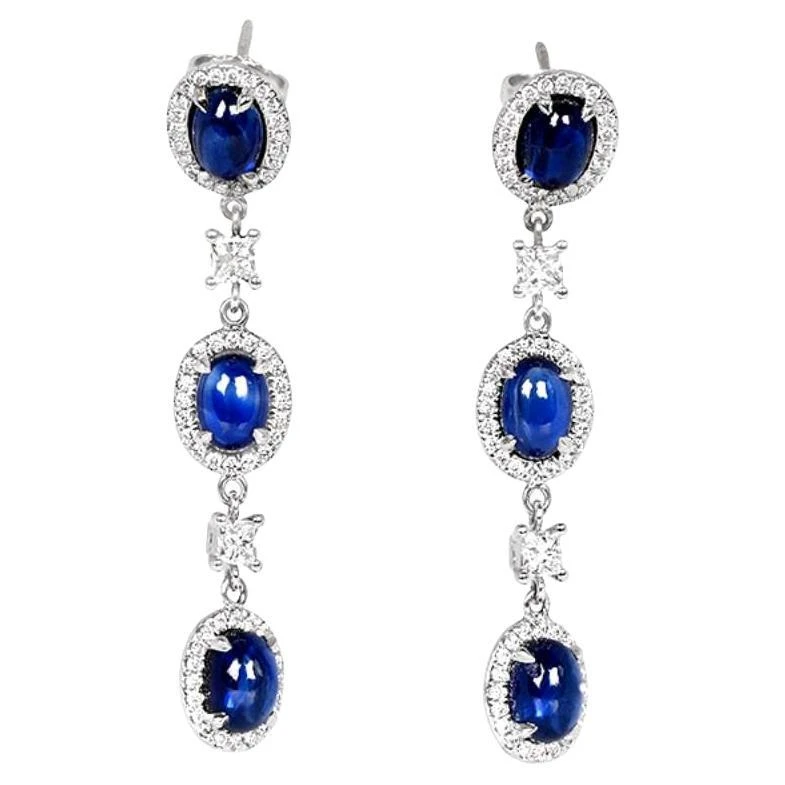 Unknown 7.70 Carat Cabochon Cut Sapphires Earrings, Diamond Halo, 18k White Gold 3 Unknown 7.70 Carat Cabochon Cut Sapphires Earrings, Diamond Halo, 18k White Gold