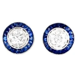 Unknown 1.00Carat Round Brilliant Cut Diamond Earrings, Sapphire Halo, Platinum