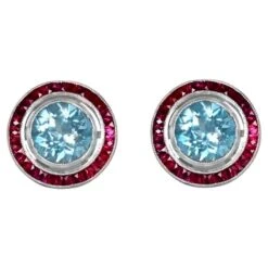 Unknown 2.30 Carat Aquamarine Earrings, Ruby Halo, Platinum