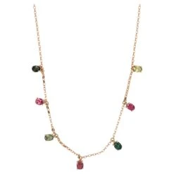 Delicate Multicolor Tourmaline Drop Necklace, 1.20 Carats In 14k Yellow Gold LV