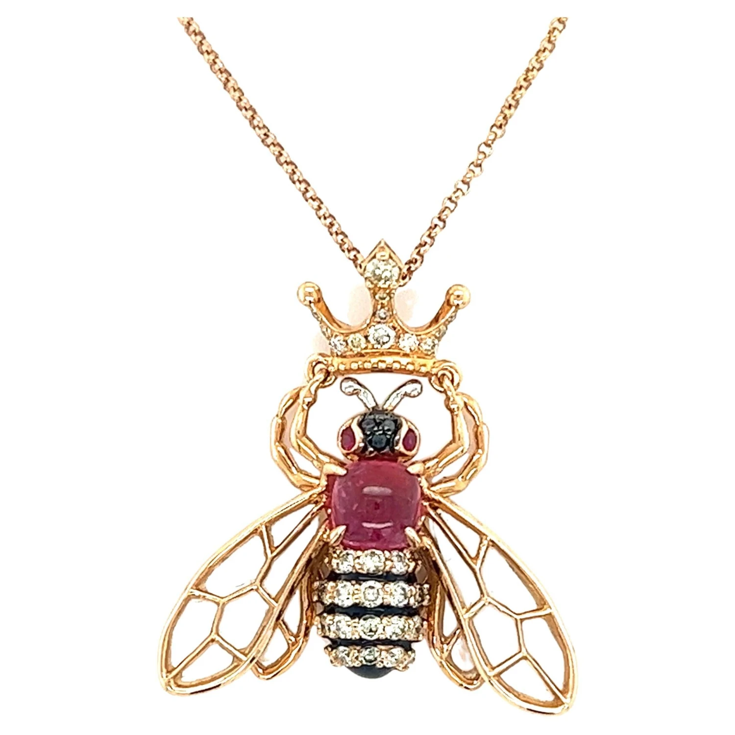 18k Rose Gold Tourmaline Diamonds Rubies Bee Pendant Necklace 3 18k Rose Gold Tourmaline Diamonds Rubies Bee Pendant Necklace