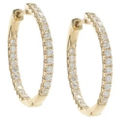 Unknown 18 Karat Yellow Gold Diamond Inside Outside Hoop Earrings