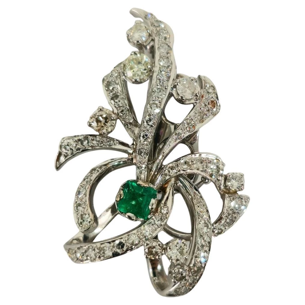 Unknown Art Deco Natural Colombian Emerald Diamond Pin In 14k White Gold 4 Unknown Art Deco Natural Colombian Emerald Diamond Pin In 14k White Gold – Image 2