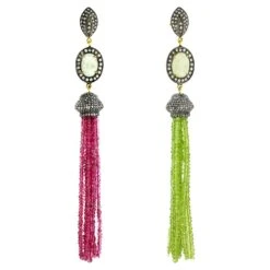 Peridot & Tourmaline Tassel Earrings With Oval Shaped Sapphire & Pave Diamonds
