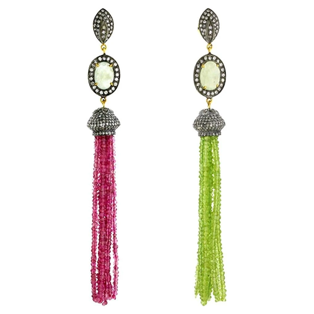 Peridot & Tourmaline Tassel Earrings With Oval Shaped Sapphire & Pave Diamonds 3 Peridot & Tourmaline Tassel Earrings With Oval Shaped Sapphire & Pave Diamonds