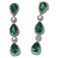 Unknown NWT 18 Karat Gold Glittering Fancy Green Emerald Diamond Dangle Earrings