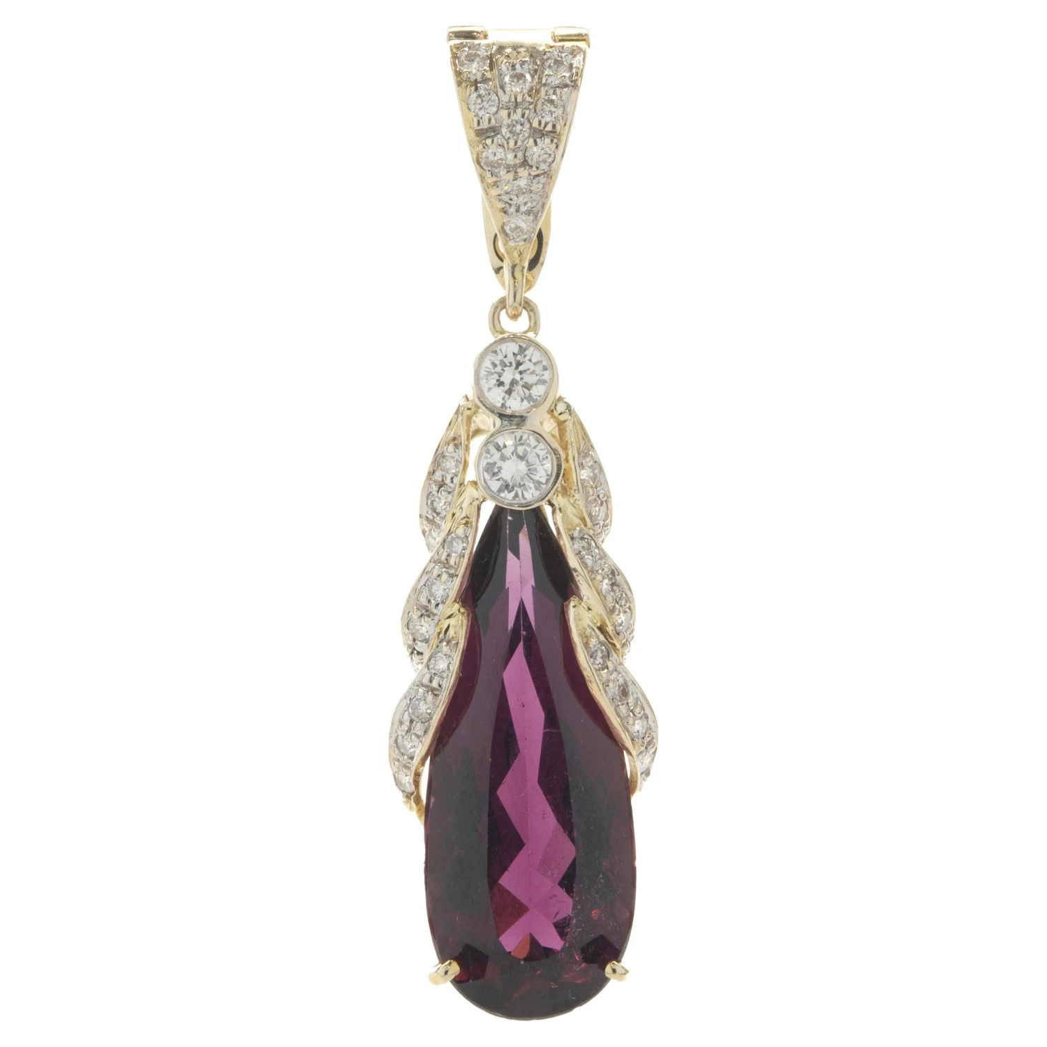 Unknown 14 Karat Yellow Gold Rhodolite Garnet And Diamond Freeform Pendant 3 Unknown 14 Karat Yellow Gold Rhodolite Garnet And Diamond Freeform Pendant