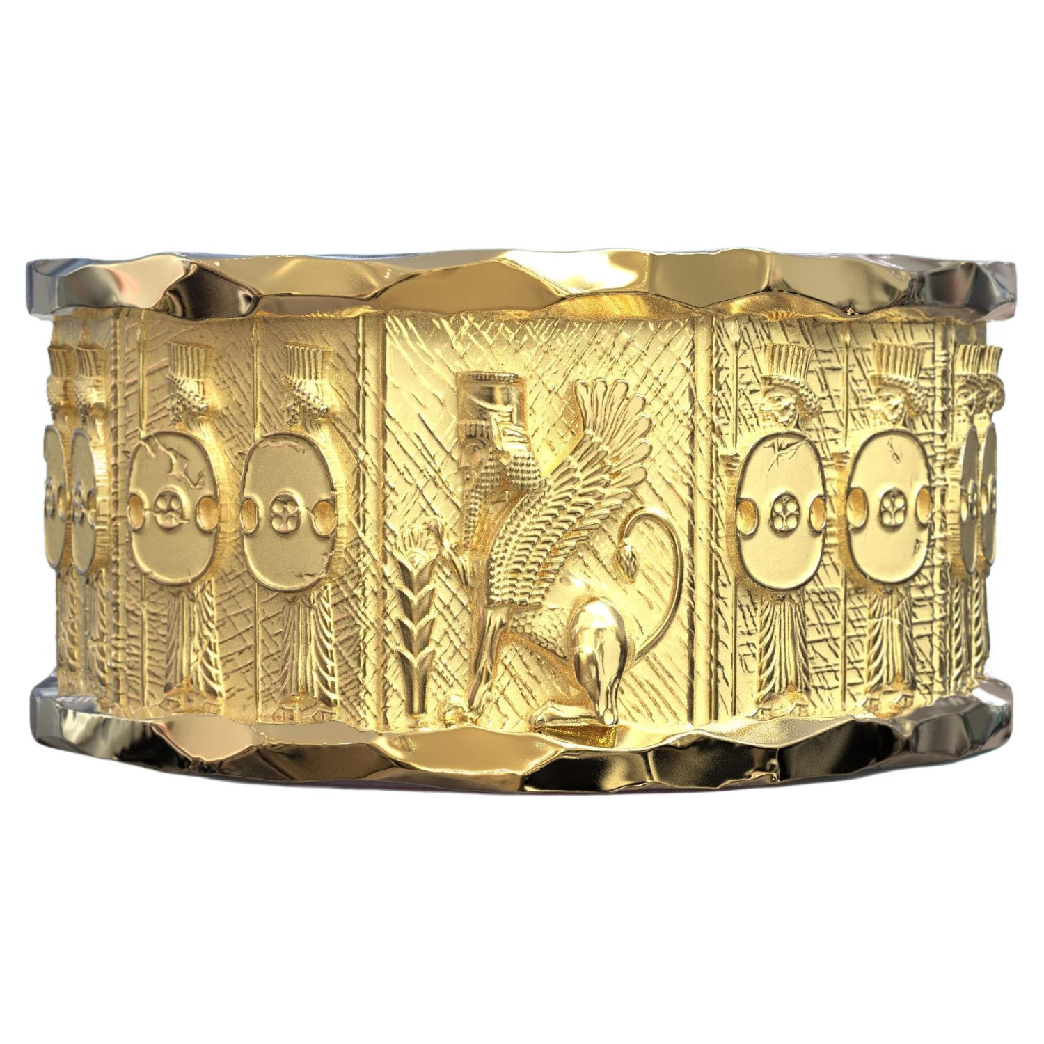 18k Gold Ring With Temple Of Persepolis Bas-Reliefs, Jāwīdān Warriors 3 18k Gold Ring With Temple Of Persepolis Bas-Reliefs, Jāwīdān Warriors