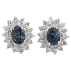 Unknown 14 Karat White Gold Natural Diamond & Blue Sapphire Halo Cluster Earrings
