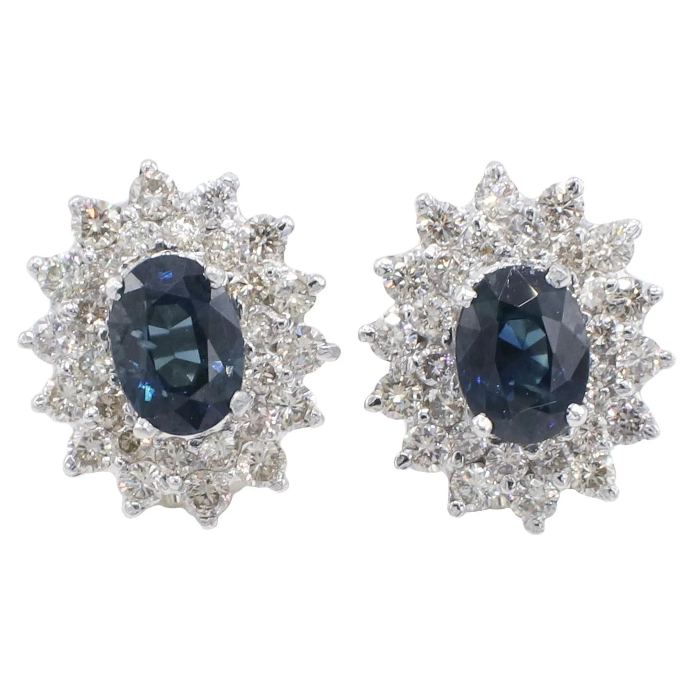 Unknown 14 Karat White Gold Natural Diamond & Blue Sapphire Halo Cluster Earrings 3 Unknown 14 Karat White Gold Natural Diamond & Blue Sapphire Halo Cluster Earrings