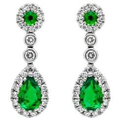 0.66 Carats Total Mixed Cut Colombian Green Emerald & Diamond Dangle Earrings
