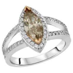 14k Two-Tone 1.34Carat Marquise-Cut Diamond Halo Engagement Ring