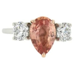 Platinum & 14k Gold GIA No Heat Pear Padparadscha Sapphire Diamond 3 Stone Ring