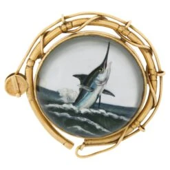 Unknown Vintage 14k Yellow Gold Marlin Fish Reverse Intaglio Painted Fishing Reel Brooch