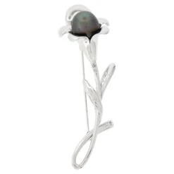 Unknown 14k White Gold Tahitian Pearl & Pave Diamond Detailed Flower Brooch Pin
