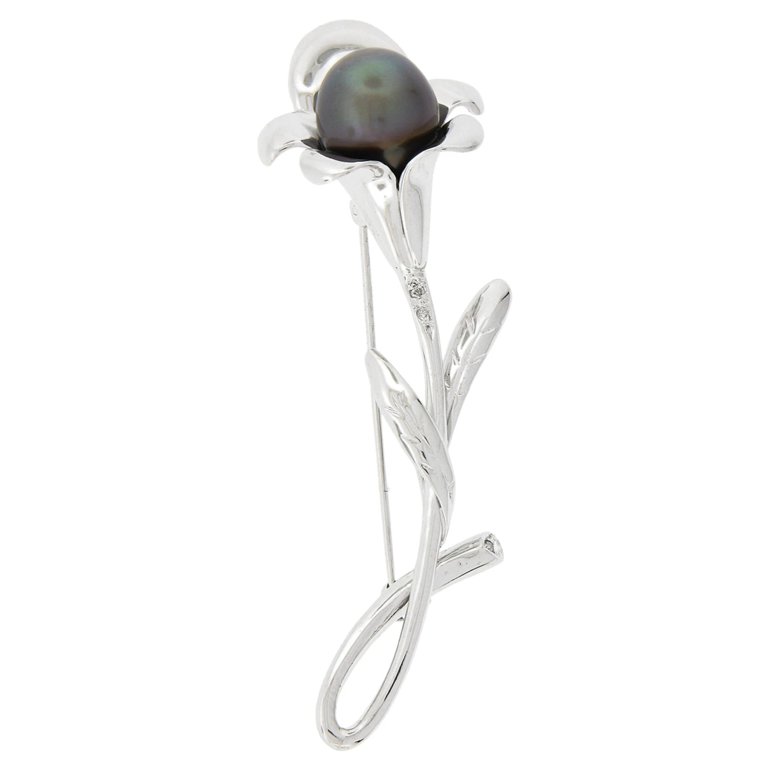 Unknown 14k White Gold Tahitian Pearl & Pave Diamond Detailed Flower Brooch Pin 3 Unknown 14k White Gold Tahitian Pearl & Pave Diamond Detailed Flower Brooch Pin