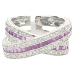 Unknown 14 Karat White Gold Diamond And Ruby Crossover Ring