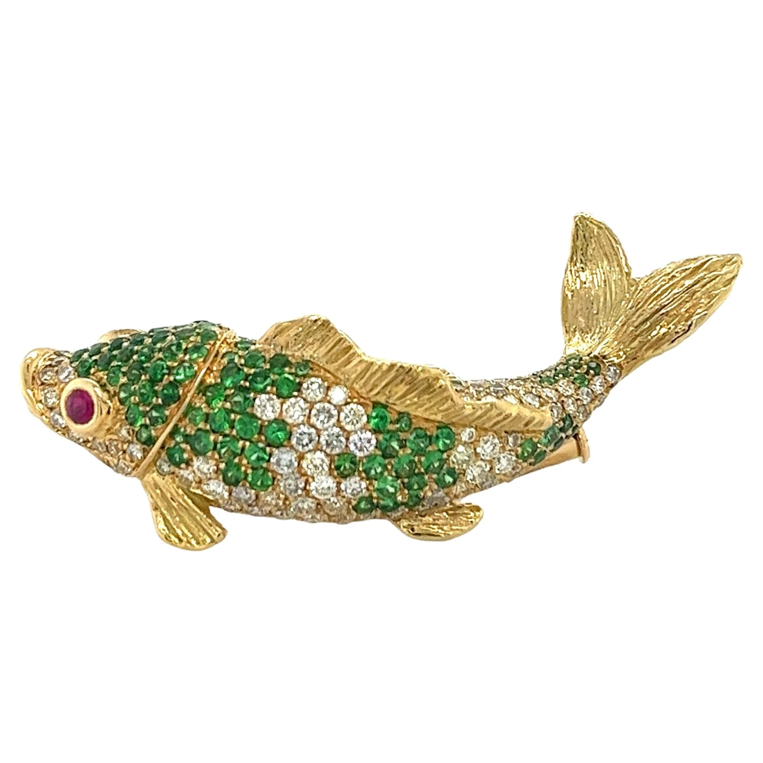 Fancy Diamond & Green Garnet 18k Fish Yellow Gold Brooch 3 Fancy Diamond & Green Garnet 18k Fish Yellow Gold Brooch