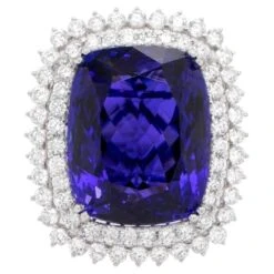 Unknown Tanzanite Ring 18.24 Carat With Double Diamond Halo 1.56 Carats Total 18k Gold