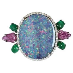 13.67 Carats Doublet Opal, Natural Emerald, Tourmaline & Diamonds Cocktail Ring