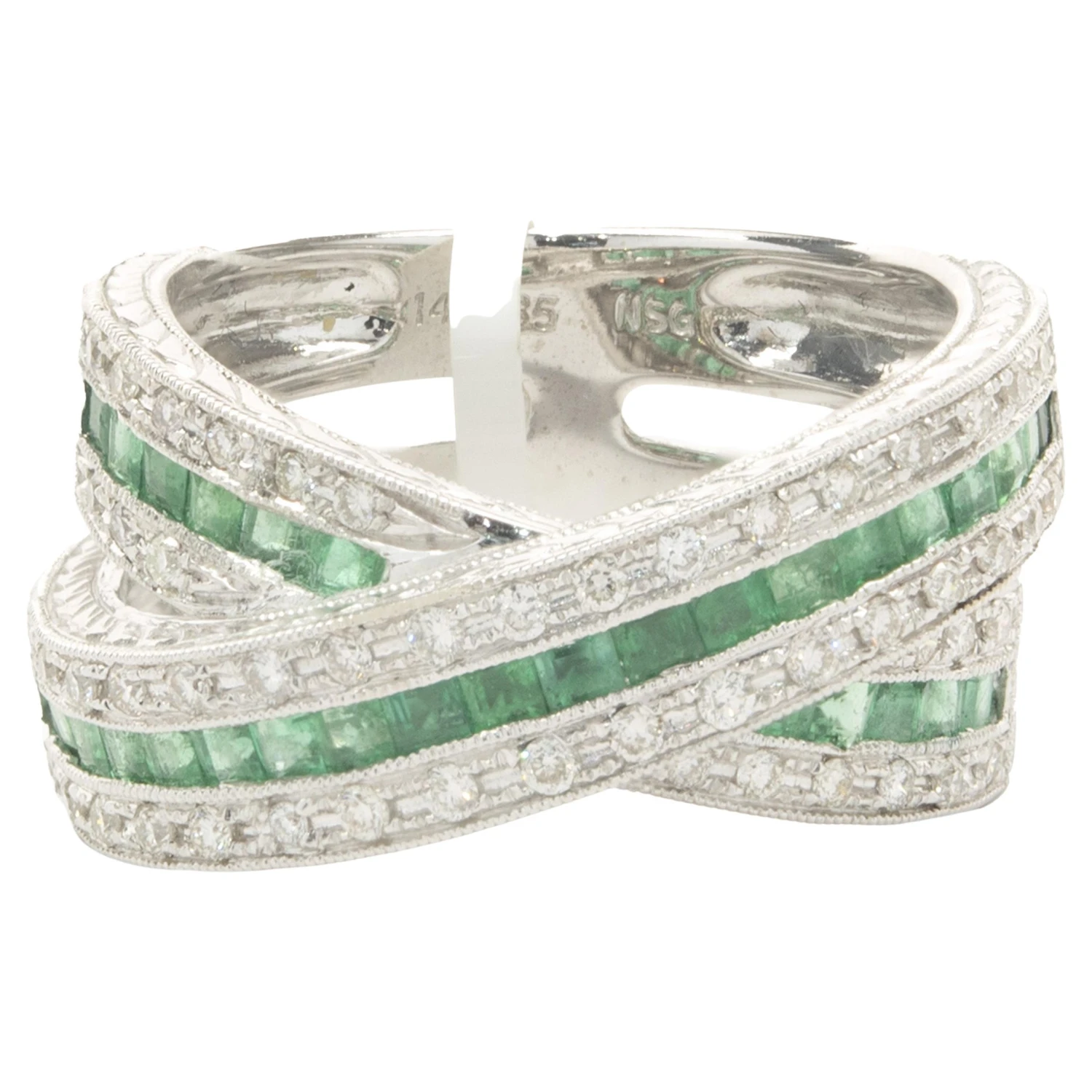 Unknown 14 Karat White Gold Diamond And Emerald Crossover Ring 3 Unknown 14 Karat White Gold Diamond And Emerald Crossover Ring