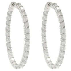 Unknown 14 Karat White Gold Diamond Inside Outside Oval Hoop Earrings