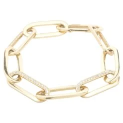 Unknown 14 Karat Yellow Gold Alternating Diamond Oval Link Bracelet