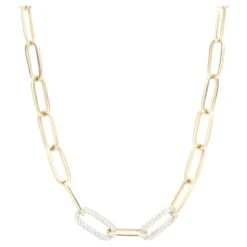 Unknown 14 Karat White & Yellow Gold Diamond Station Paperclip Necklace