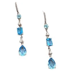 Unknown 14K White Gold Diamond And Blue Topaz Long Earrings