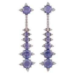 4.16 Carat Clear Blue Sapphire And Diamond Long Earring In 18 Karat White Gold