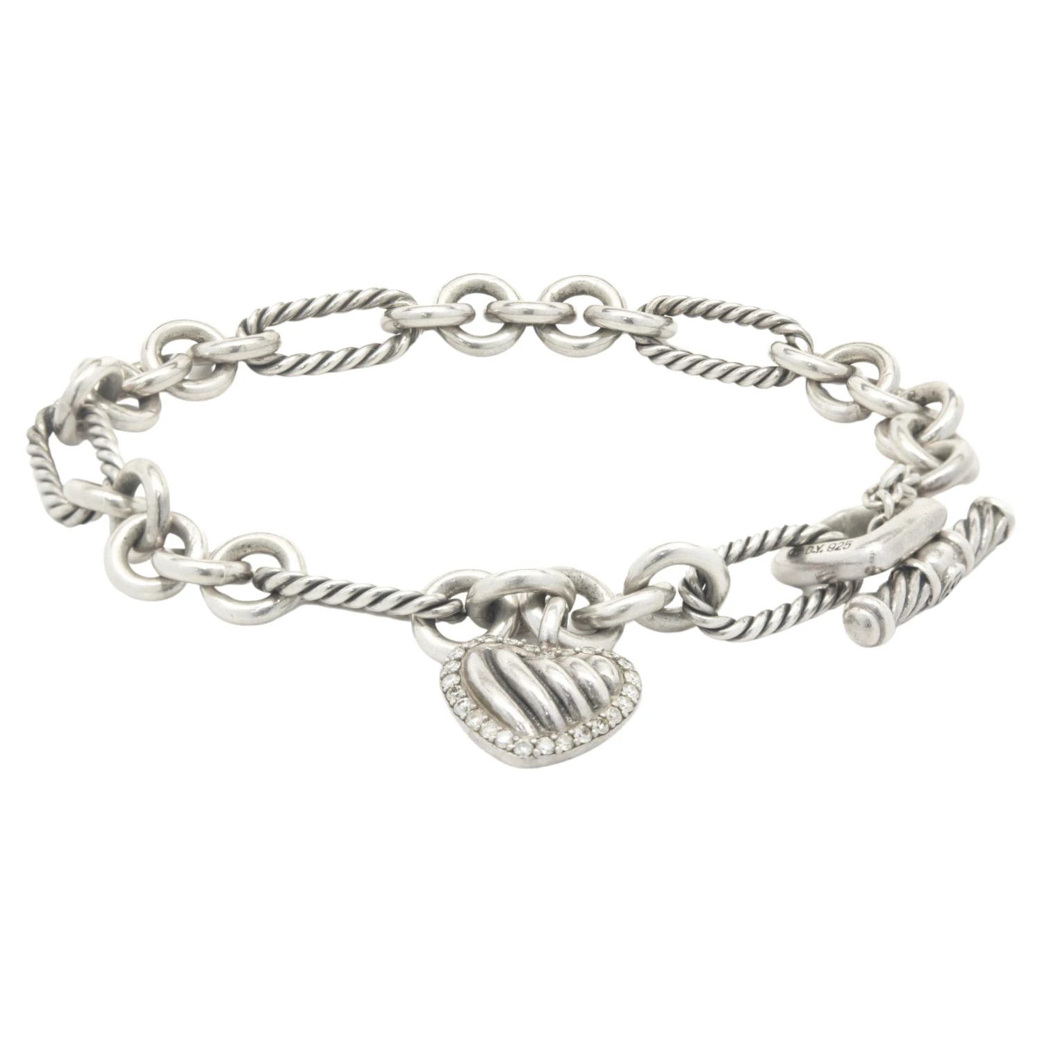 David Yurman Sterling Silver Cable Link Bracelet With Heart Dangle 3 David Yurman Sterling Silver Cable Link Bracelet With Heart Dangle