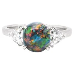 Unknown 1.97 Carat Lighting Ridge Black Opal & Diamond Three-Stone Ring Set In Platinum