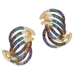 Contemporary Diamond And Sapphire Drop Earrings In Yellow Gold