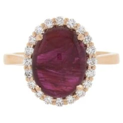 New 14k Gold 5.36ctw GIA No Heat Oval Cabochon Burma Ruby & Diamond Halo Ring