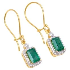 Unknown Emerald Dangle Earrings With Diamond In 14k Gold