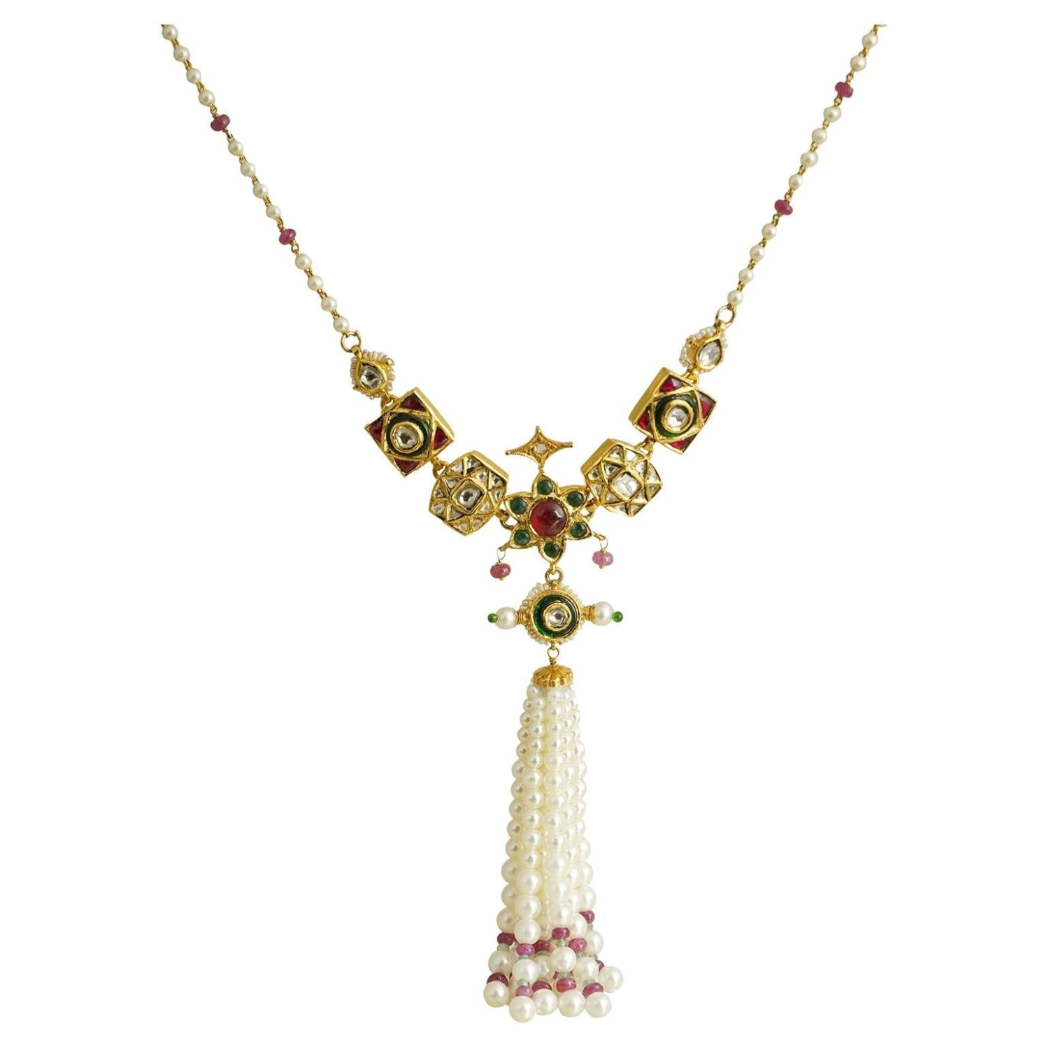 Gold Emerald And Pearl Tassel Necklace 3 Gold Emerald And Pearl Tassel Necklace
