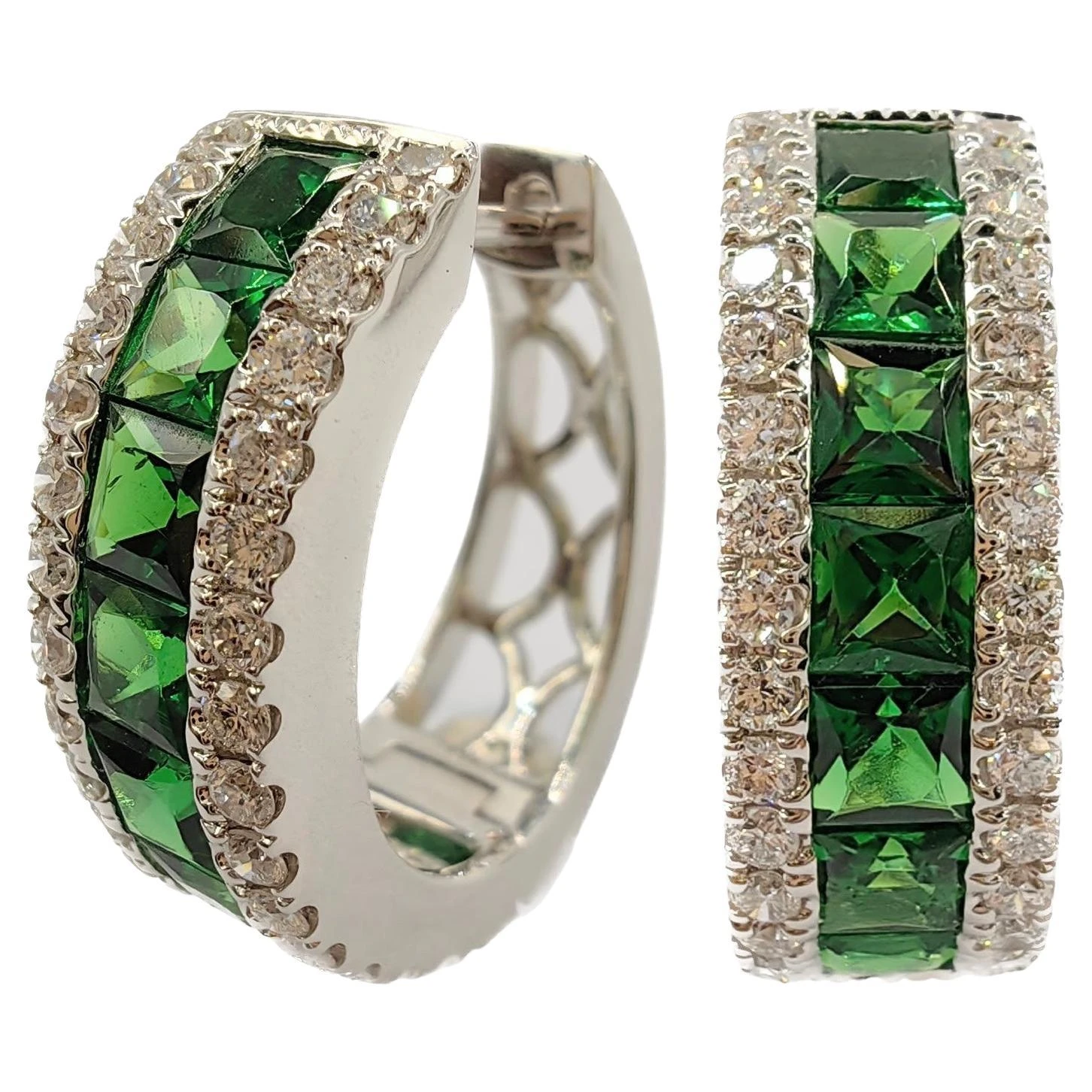 2.6 Carat Deep Green Tsavorite Diamond Huggie Hoop Earrings In 18k White Gold 3 2.6 Carat Deep Green Tsavorite Diamond Huggie Hoop Earrings In 18k White Gold